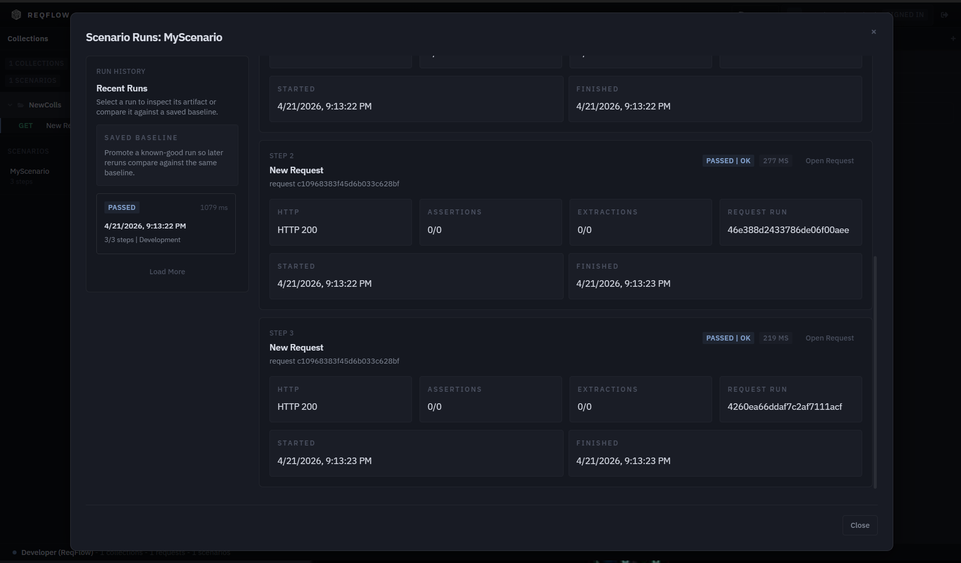 ReqFlow scenario run results showing step-by-step pass status